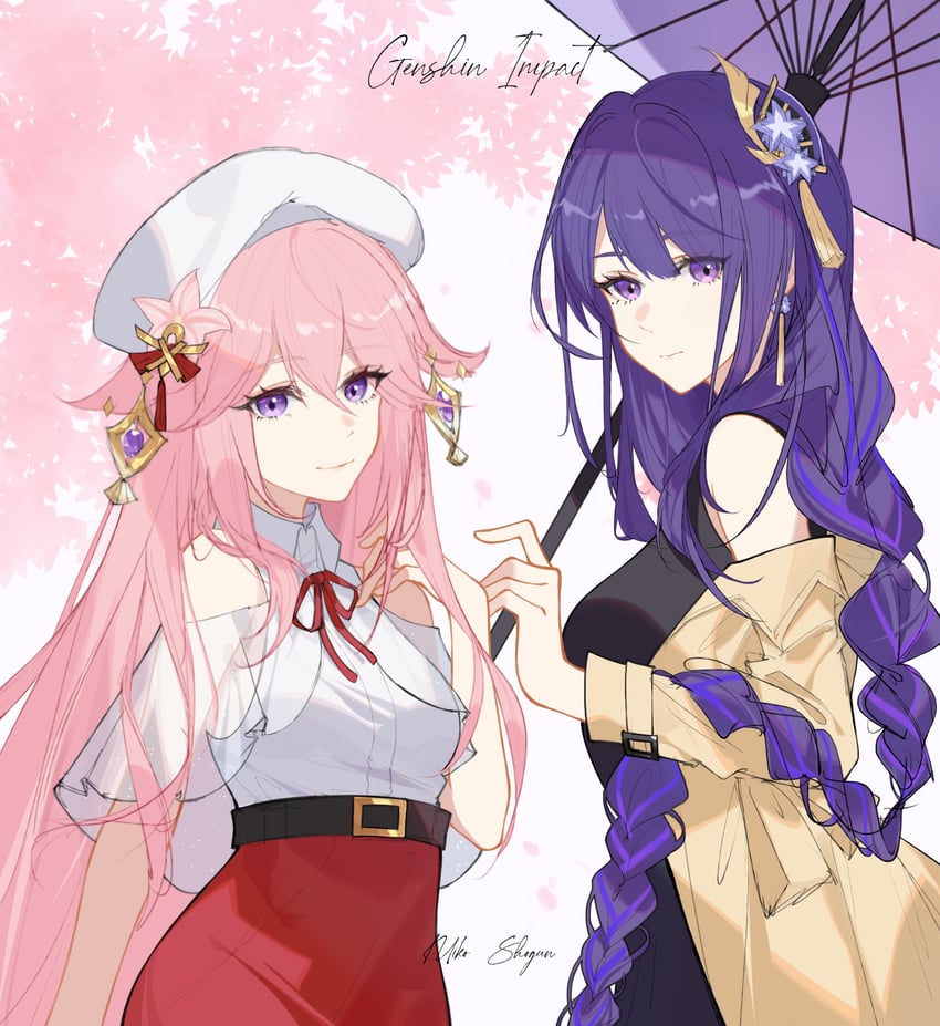 raiden shogun and yae miko (genshin impact) drawn by yuking-