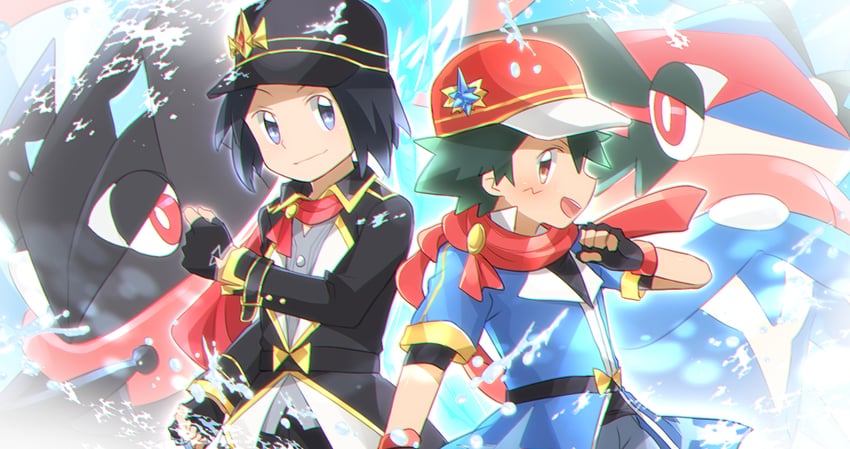 ash ketchum, greninja, ash-greninja, and calem (pokemon and 2 more) drawn by miu_(chuyu825)