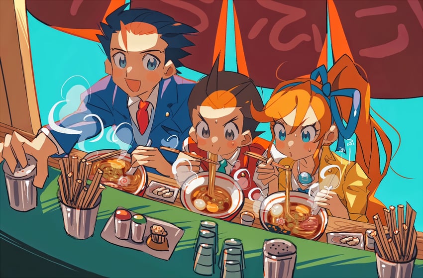phoenix wright, apollo justice, and athena cykes (ace attorney) drawn by grgrton