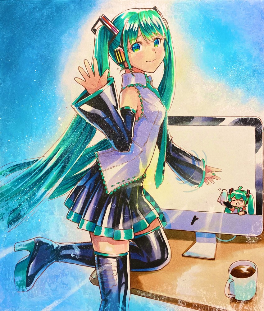 hatsune miku and chibi miku (vocaloid) drawn by mayo_riyo