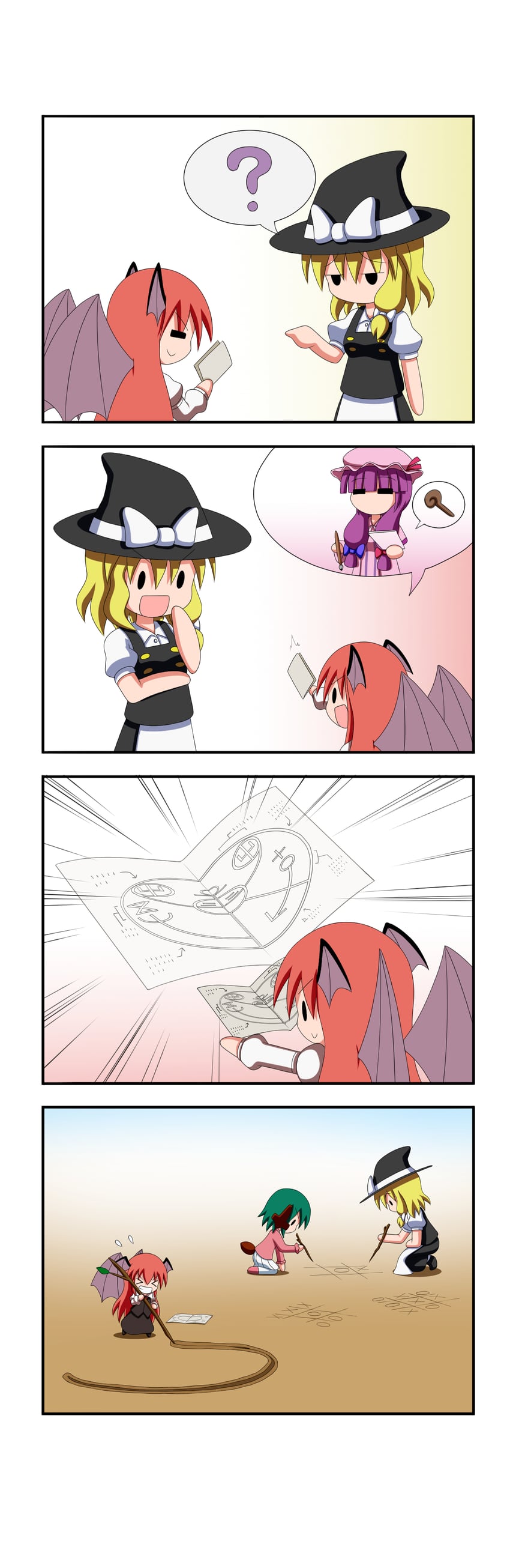 kirisame marisa, patchouli knowledge, koakuma, and kasodani kyouko (touhou) drawn by rakugaki-biyori