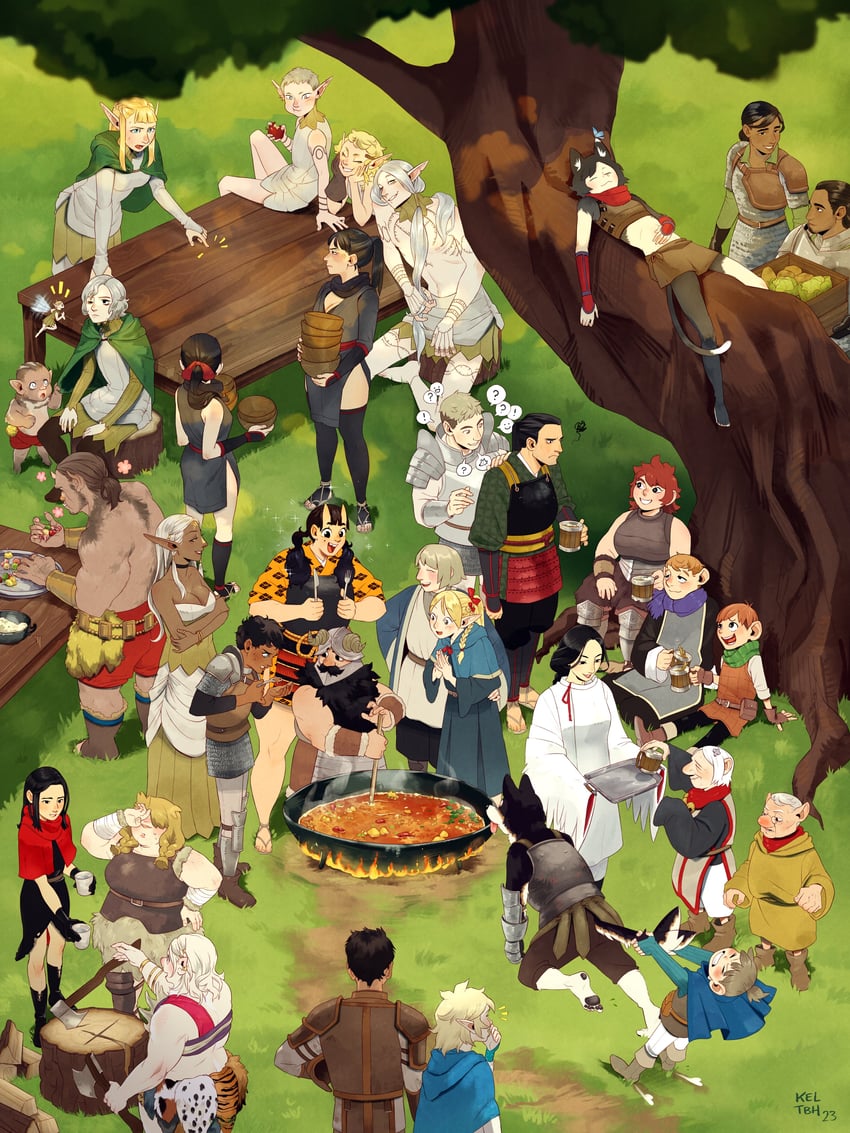 marcille donato, falin touden, laios touden, senshi, mithrun, and 29 more (dungeon meshi) drawn by keltbh