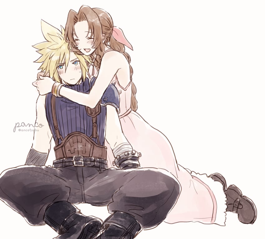 cloud strife and aerith gainsborough (final fantasy and 2 more) drawn by ancotsubu
