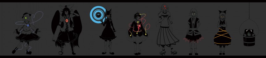 komeiji koishi, komeiji satori, kaenbyou rin, reiuji utsuho, mizuhashi parsee, and 3 more (touhou and 1 more) drawn by takamichi_(nu)