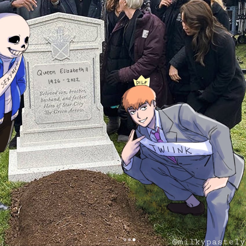 sans, reigen arataka, and elizabeth ii (real life and 2 more) drawn by milkypastely