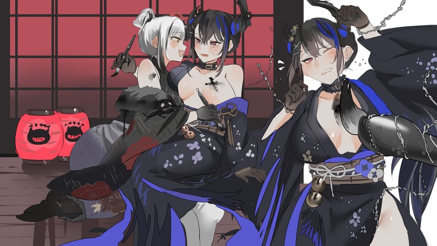 shiori novella, nerissa ravencroft, and yorick (hololive and 1 more) drawn by set7