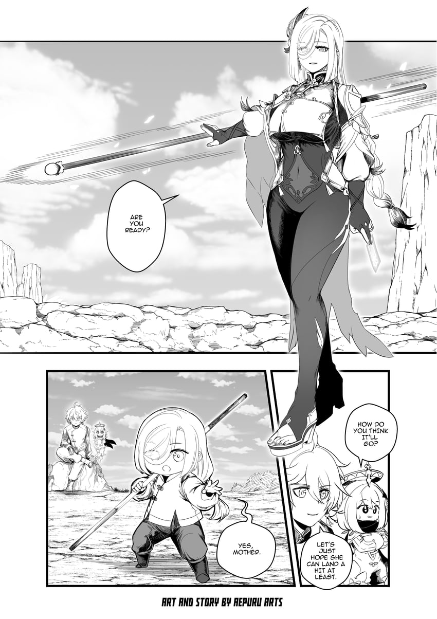 aether, paimon, and shenhe (genshin impact) drawn by aepuru_arts