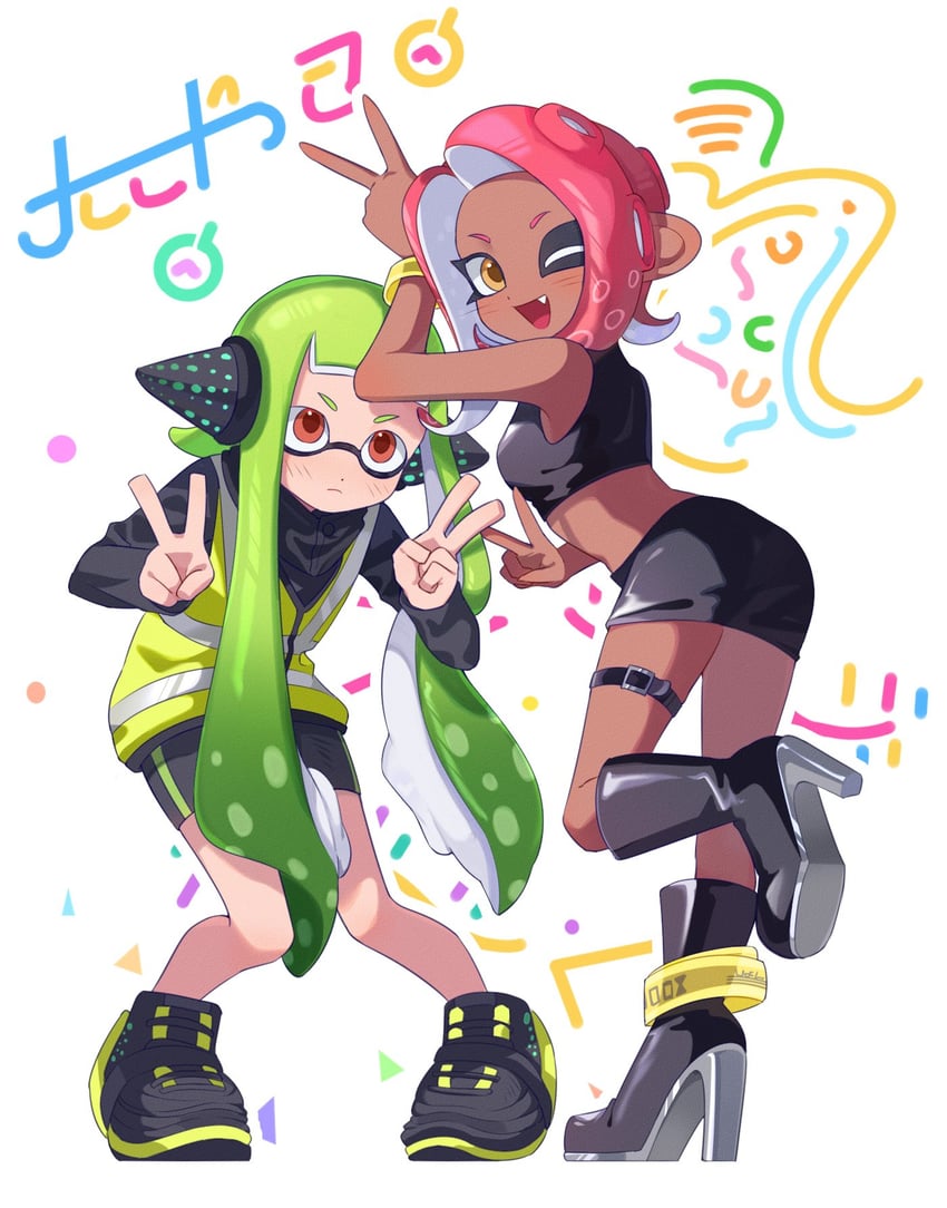 inkling player character, inkling girl, octoling player character, octoling girl, agent 8, and 1 more (splatoon and 2 more) drawn by fifi_(fifiwinofi)