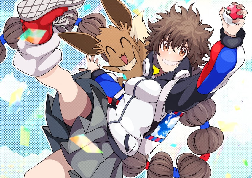 eevee and gotcha! girl (pokemon and 1 more) drawn by kobaji