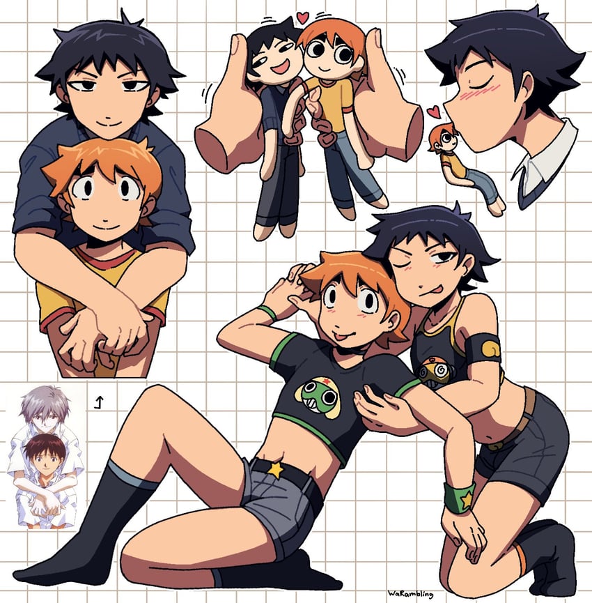 ikari shinji, nagisa kaworu, keroro, scott pilgrim, wallace wells, and 1 more (neon genesis evangelion and 2 more) drawn by warambling