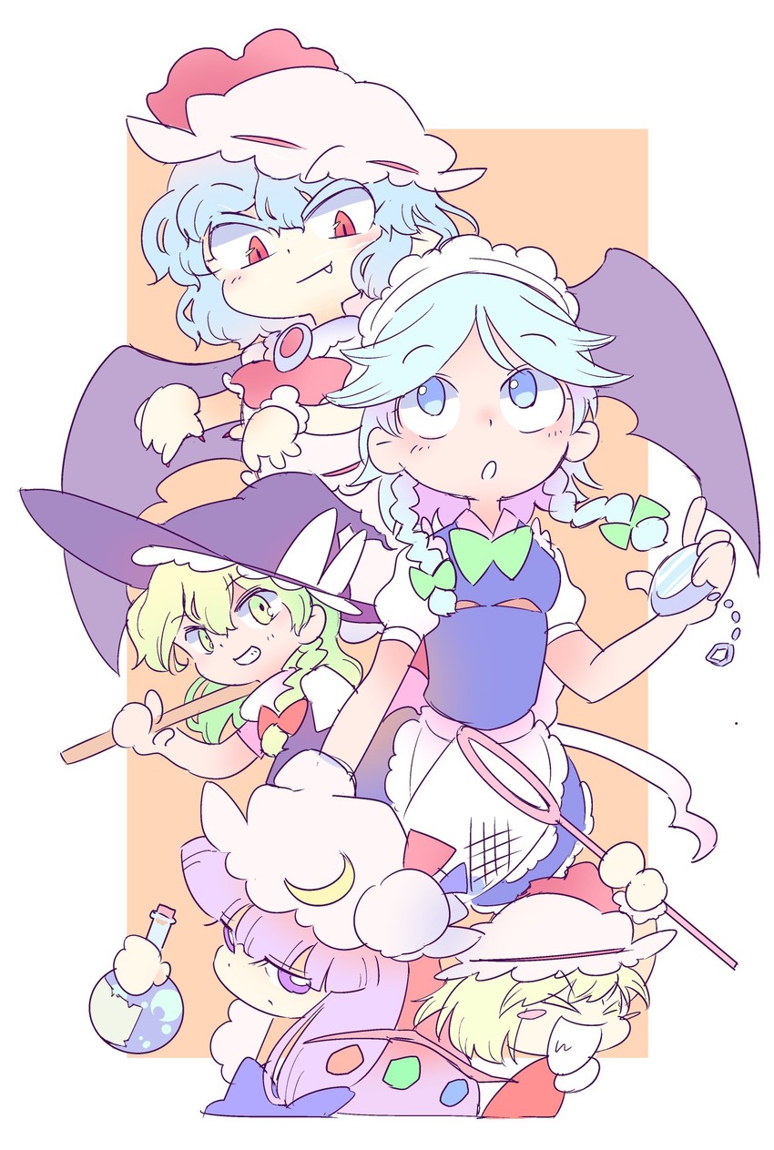 kirisame marisa, remilia scarlet, flandre scarlet, izayoi sakuya, and patchouli knowledge (touhou) drawn by moyazou_(kitaguni_moyashi_seizoujo)