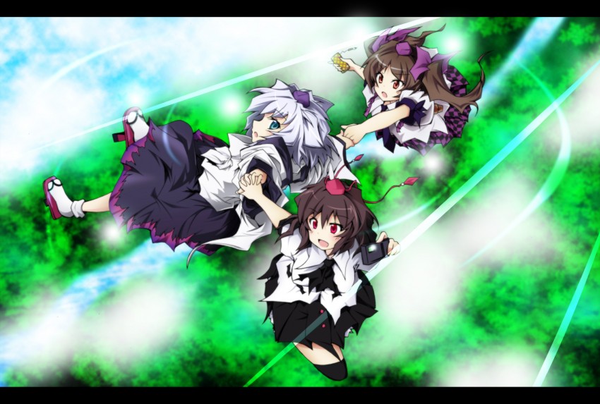 shameimaru aya, inubashiri momiji, and himekaidou hatate (touhou) drawn by glassworks-flower
