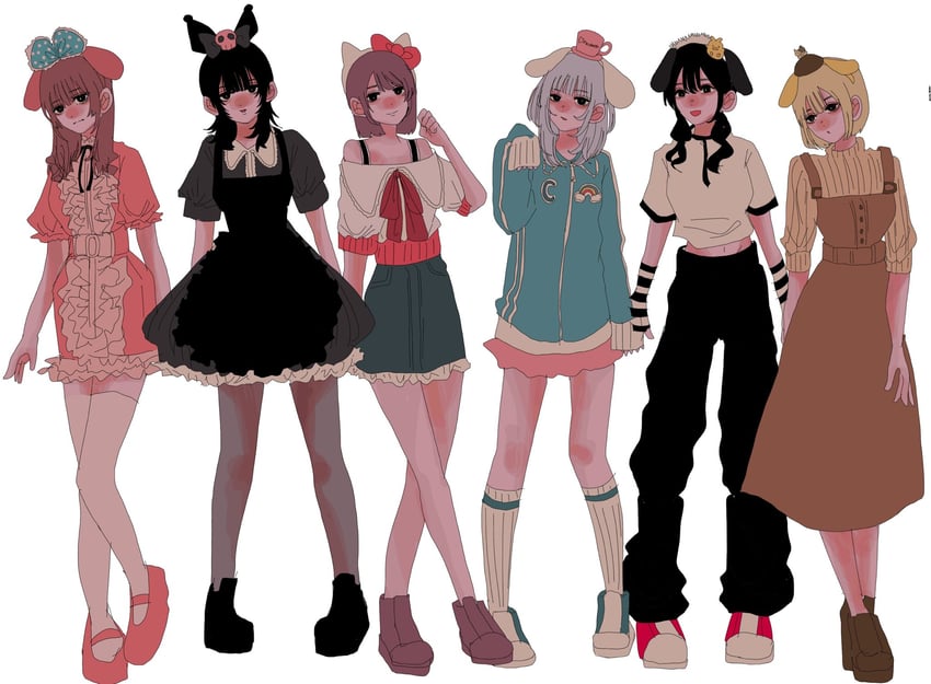 cinnamoroll, hello kitty, my melody, kuromi, pompompurin, and 2 more (sanrio and 3 more) drawn by yuzuha_takamura
