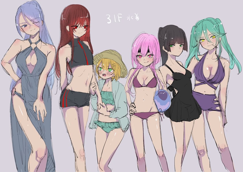 natsume inori, yanagi mion, hanamura shiki, maruyama kanata, matsuoka chiroru, and 1 more (heaven burns red) drawn by leia_1213