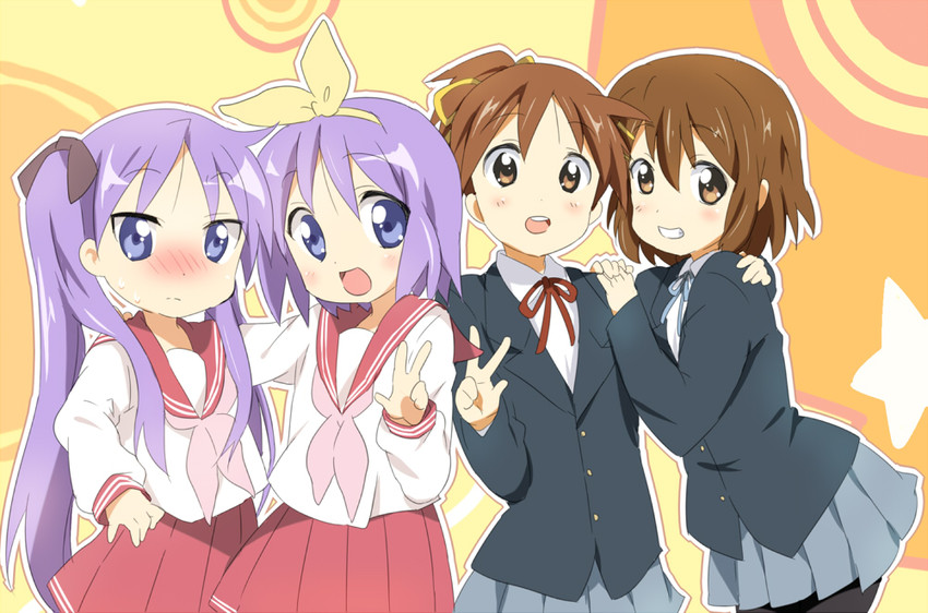 hirasawa yui, hiiragi kagami, hiiragi tsukasa, and hirasawa ui (k-on! and 1 more) drawn by maruki_(punchiki)