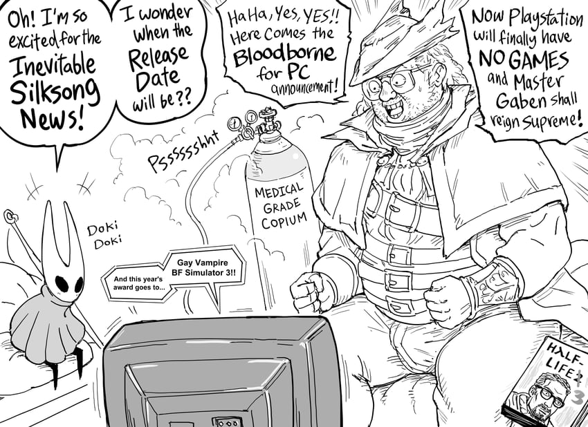 hunter, hornet, and gordon freeman (bloodborne and 4 more) drawn by bb_(baalbuddy)