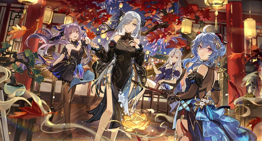 ganyu, keqing, ningguang, xianyun, and shenhe (genshin impact) drawn by mento