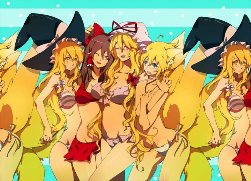 hakurei reimu, kirisame marisa, yakumo yukari, and yakumo ran (touhou) drawn by akishima_kei