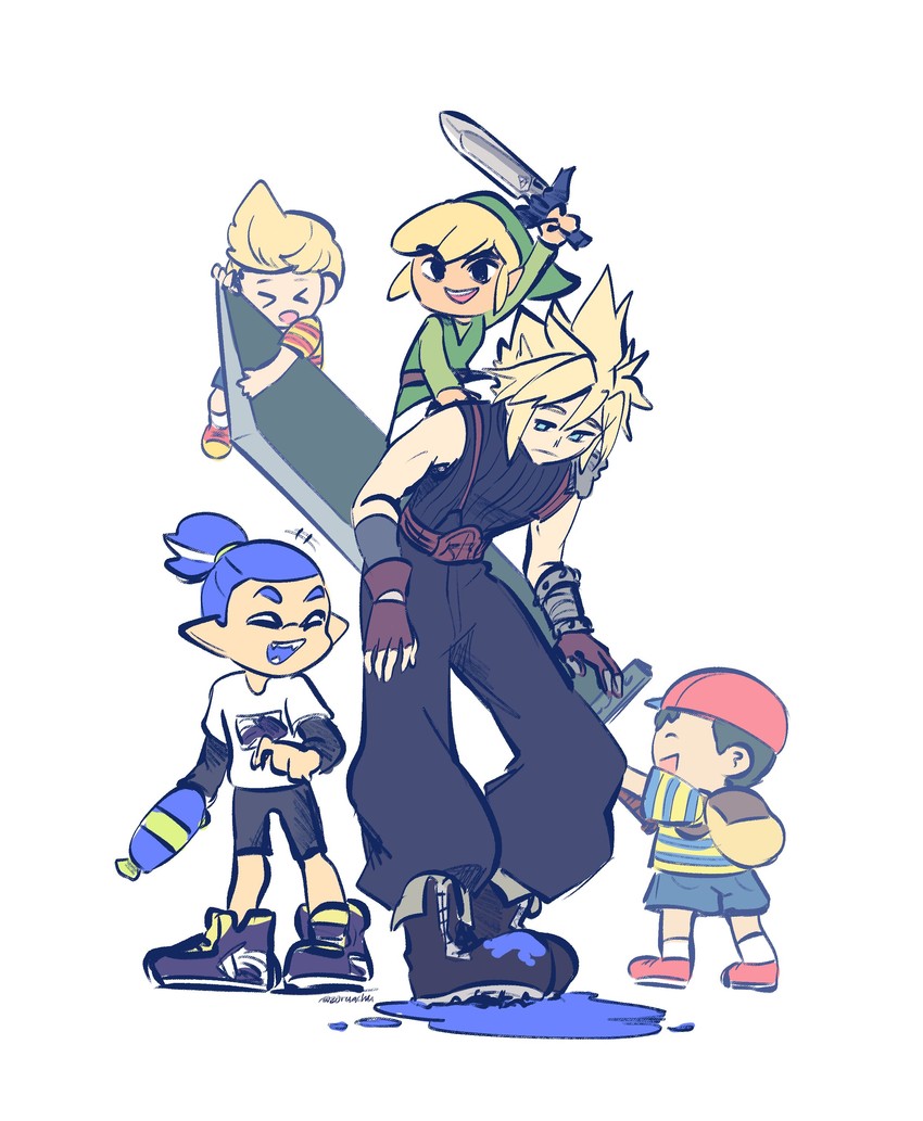 link, inkling player character, cloud strife, inkling boy, toon link, and 2 more (final fantasy and 8 more) drawn by zoruachu