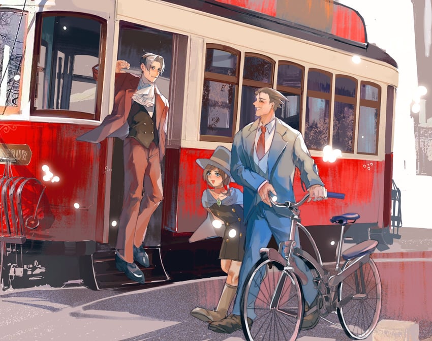 phoenix wright, miles edgeworth, and trucy wright (ace attorney) drawn by turquoise_mika