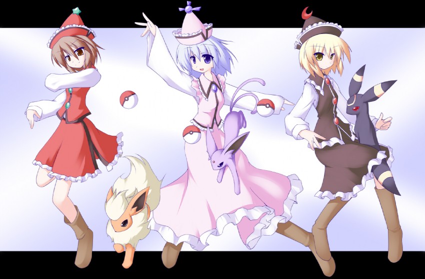 lunasa prismriver, merlin prismriver, umbreon, lyrica prismriver, espeon, and 1 more (touhou and 1 more) drawn by miyo_(miyomiyo01)