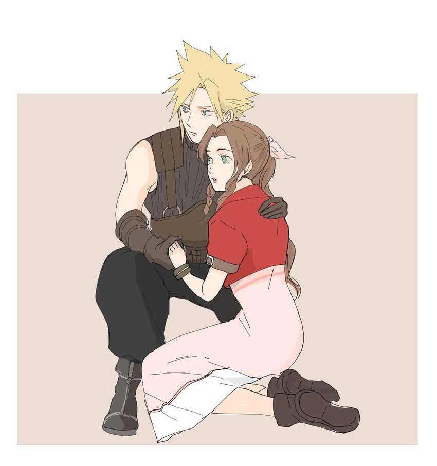 cloud strife and aerith gainsborough (final fantasy and 2 more) drawn by nmyuo