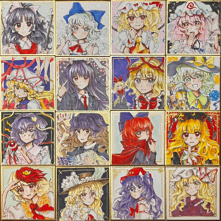 hakurei reimu, flandre scarlet, komeiji koishi, yakumo yukari, reisen udongein inaba, and 11 more (touhou and 2 more) drawn by uzumibi