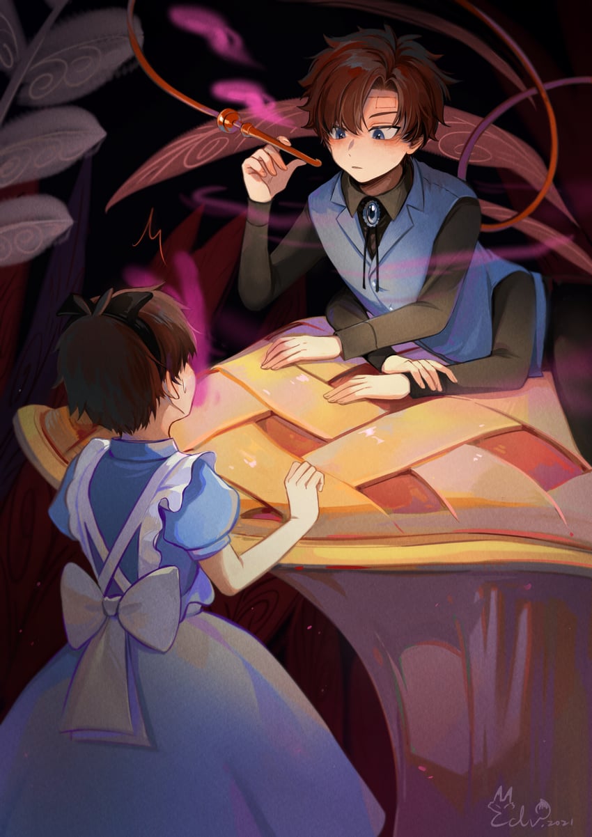 alice, dipper pines, caterpillar, and dipper gleeful (alice's adventures in wonderland and 2 more) drawn by eden_(eden871225)