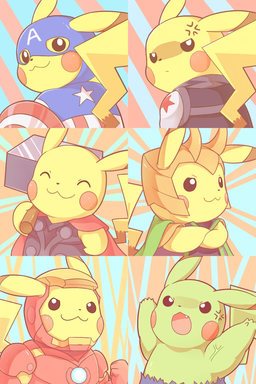 pikachu, captain america, iron man, thor, loki, and 2 more (pokemon and 1 more) drawn by kyabetsu_(xkxkinoloveaph)
