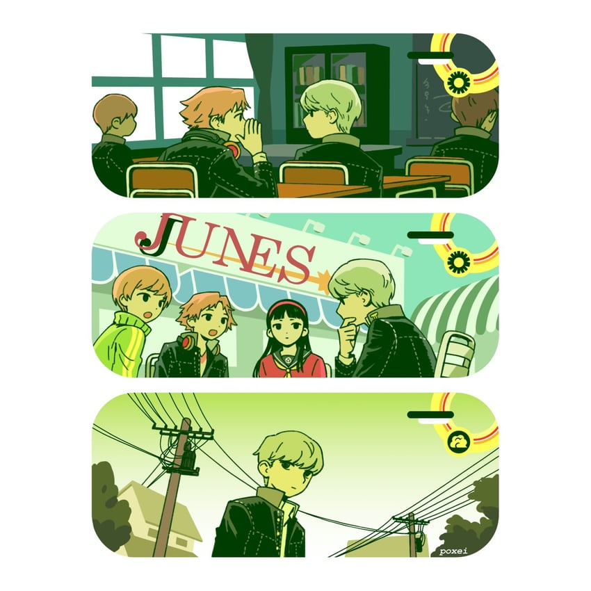 narukami yu, satonaka chie, amagi yukiko, and hanamura yousuke (persona and 1 more) drawn by poxeii