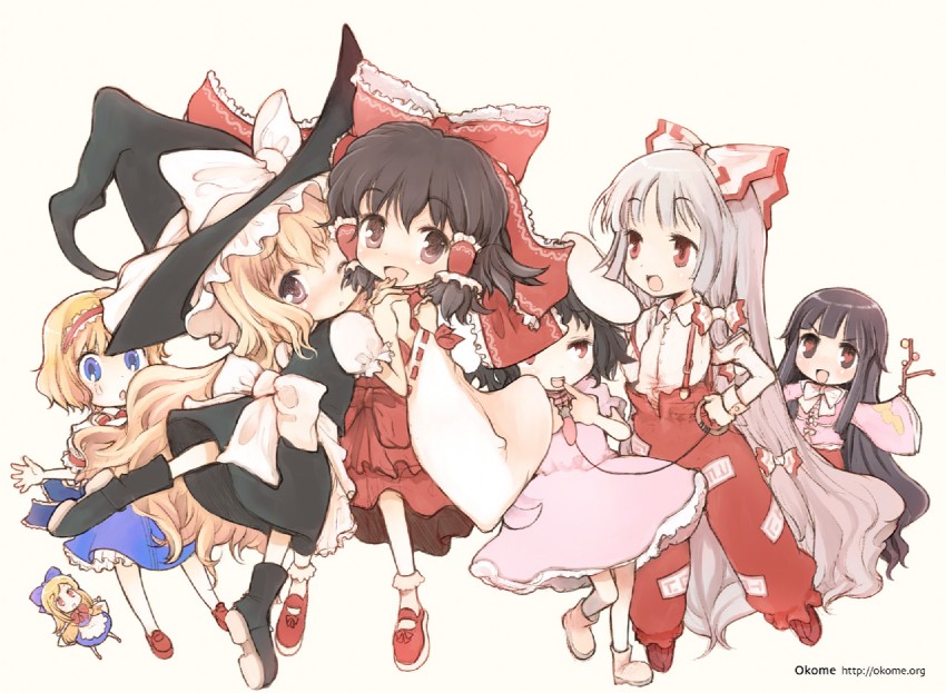 kirisame marisa, alice margatroid, fujiwara no mokou, houraisan kaguya, inaba tewi, and 1 more (touhou) drawn by okome_(ricecandy)