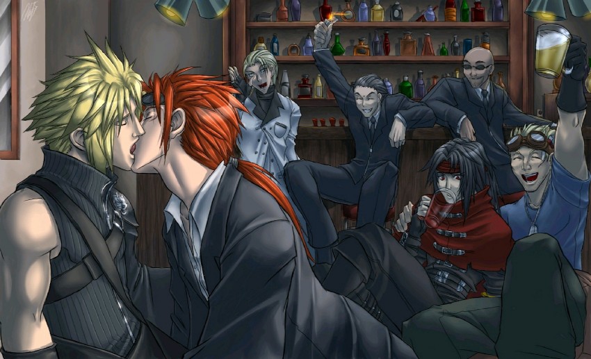 cloud strife, vincent valentine, reno, cid highwind, tseng, and 2 more (final fantasy and 2 more) drawn by wynahiros