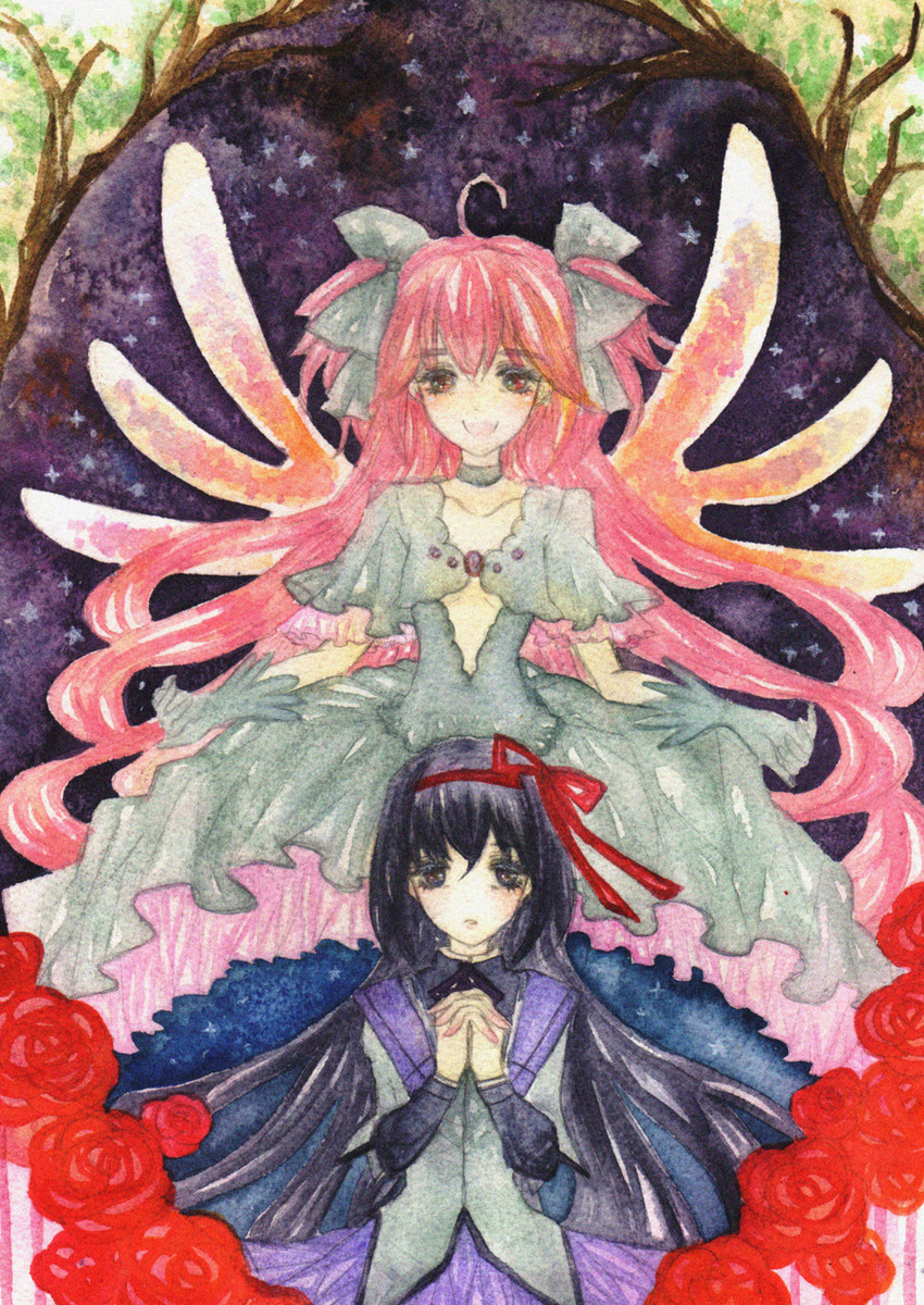 akemi homura, kaname madoka, and ultimate madoka (mahou shoujo madoka magica) drawn by shino_(neon3712)