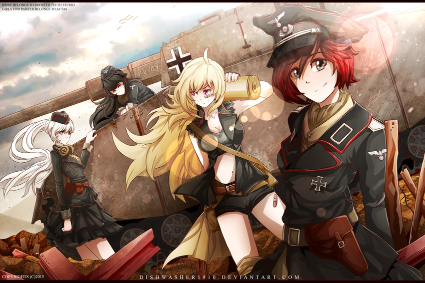 ruby rose, weiss schnee, yang xiao long, and blake belladonna (girls und panzer and 1 more) drawn by dishwasher1910