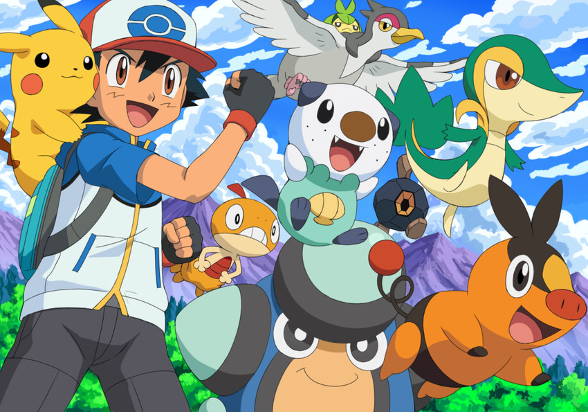 pikachu, ash ketchum, oshawott, snivy, tepig, and 5 more (pokemon) drawn by pokemoa