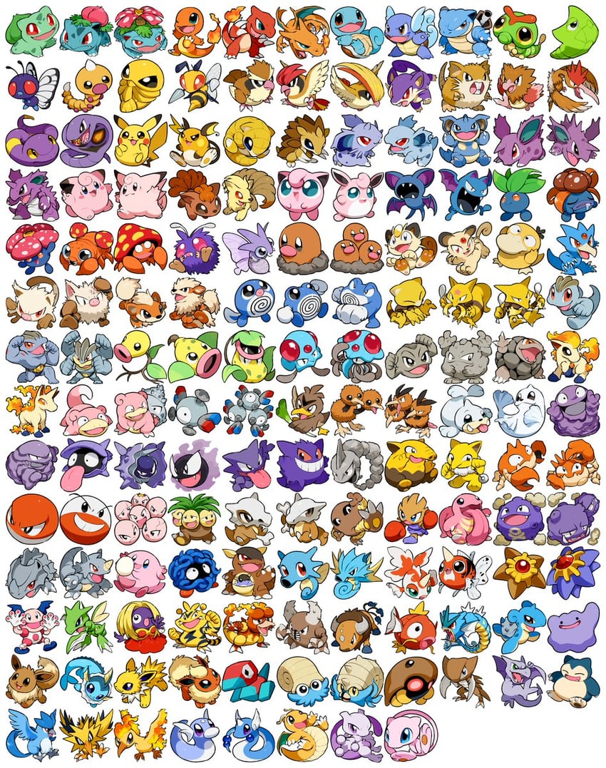 pikachu, eevee, charizard, gengar, bulbasaur, and 143 more (pokemon and 1 more) drawn by kawaanago