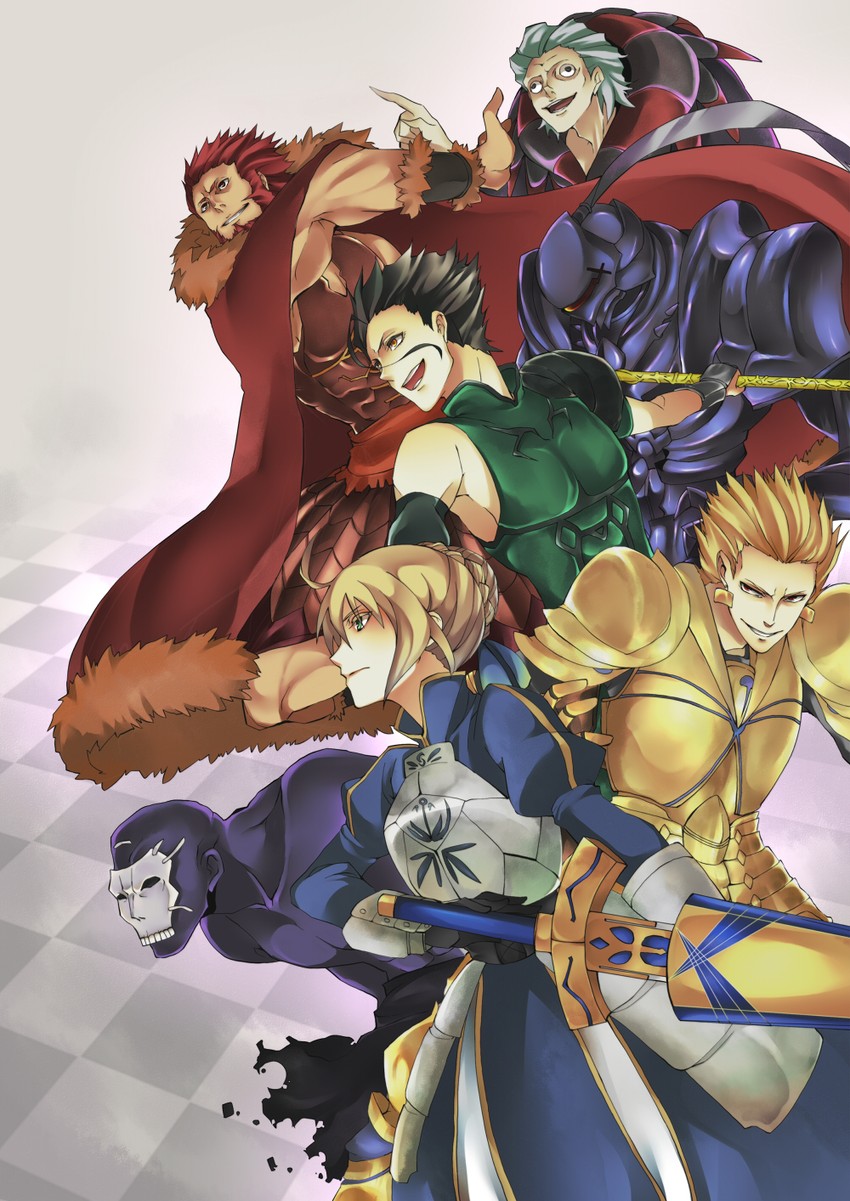 artoria pendragon, saber, gilgamesh, iskandar, diarmuid ua duibhne, and 3 more (fate and 1 more) drawn by emir_ia