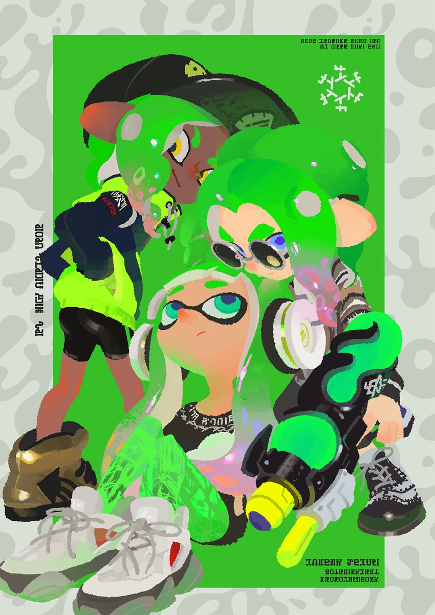inkling player character, inkling girl, and octoling player character (splatoon and 1 more) drawn by inoue_seita