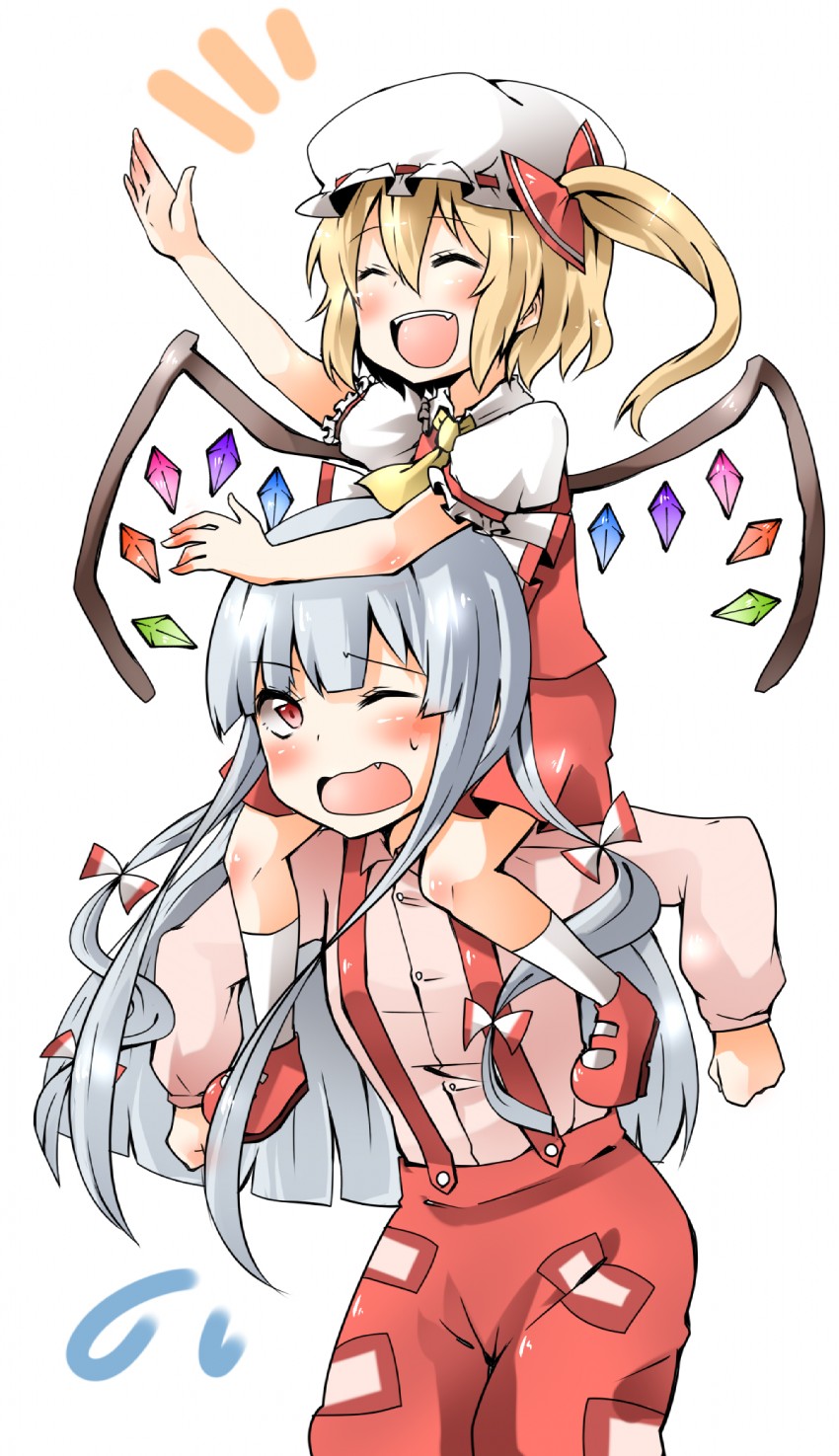 flandre scarlet and fujiwara no mokou (touhou) drawn by okannigeru