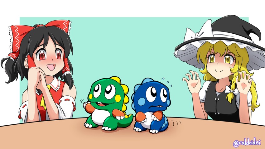 hakurei reimu, kirisame marisa, bub, and bob (touhou and 1 more) drawn by rakkidei