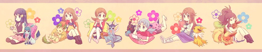 dawn, hilda, eevee, leaf, umbreon, and 9 more (pokemon and 7 more) drawn by kabocha_torute