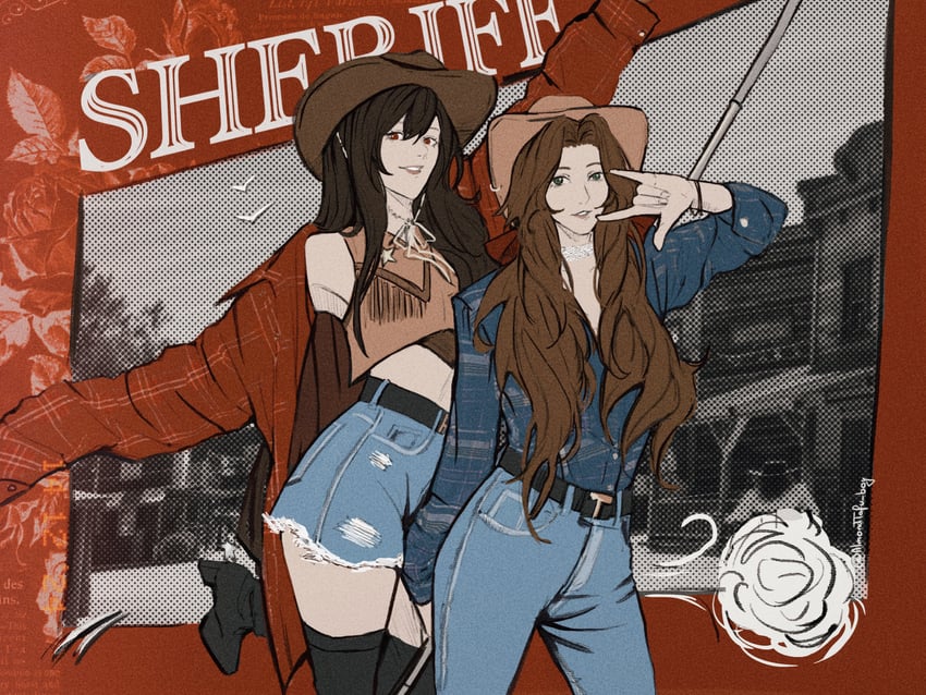 tifa lockhart and aerith gainsborough (final fantasy and 1 more) drawn by almondtofu_boy