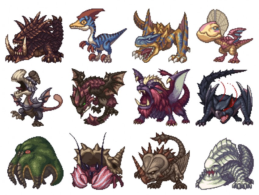 rathalos, nargacuga, tigrex, yian kut-ku, teostra, and 7 more (monster hunter) drawn by takekawa_shin