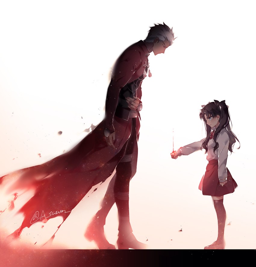 tohsaka rin and archer (fate and 2 more) drawn by h_sueun