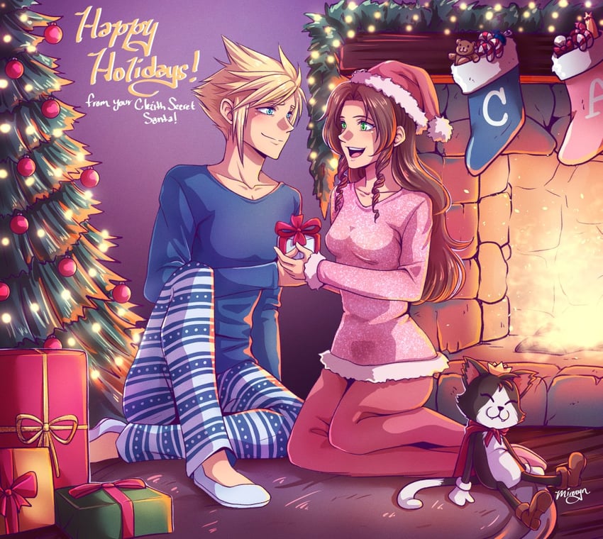 cloud strife, aerith gainsborough, and cait sith (final fantasy and 2 more) drawn by mireryn