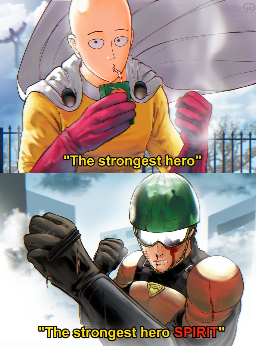 saitama and mumen rider (one-punch man) drawn by devovas