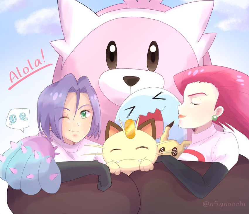 mimikyu, jessie, james, meowth, wobbuffet, and 2 more (pokemon) drawn by n5gnocchi