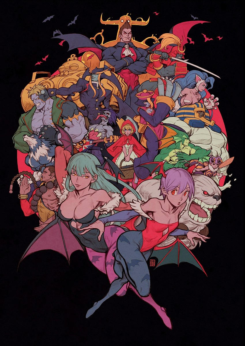 morrigan aensland, lilith, felicia, hsien-ko, b.b. hood, and 13 more (darkstalkers) drawn by absolum_art