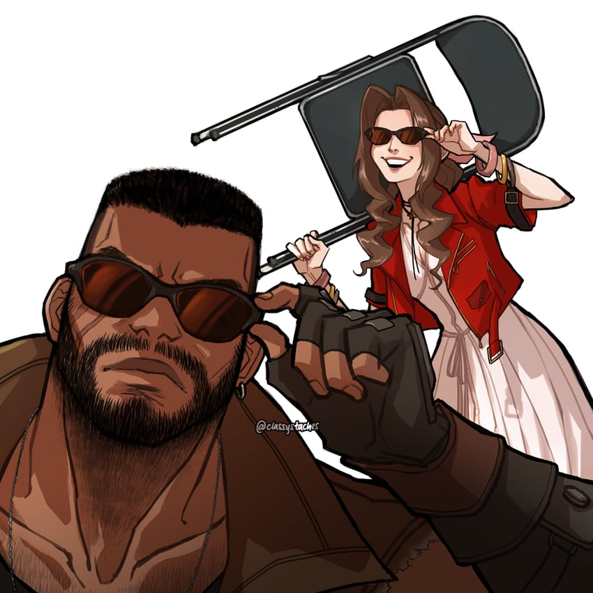 aerith gainsborough and barret wallace (final fantasy and 3 more) drawn by classystaches