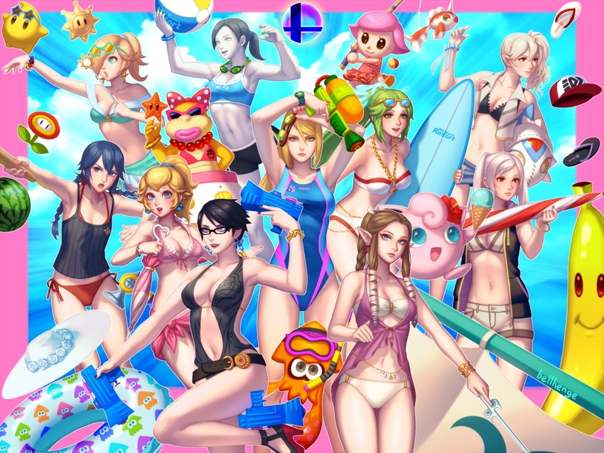 inkling player character, princess zelda, princess peach, samus aran, lucina, and 13 more (pokemon and 18 more) drawn by bellhenge